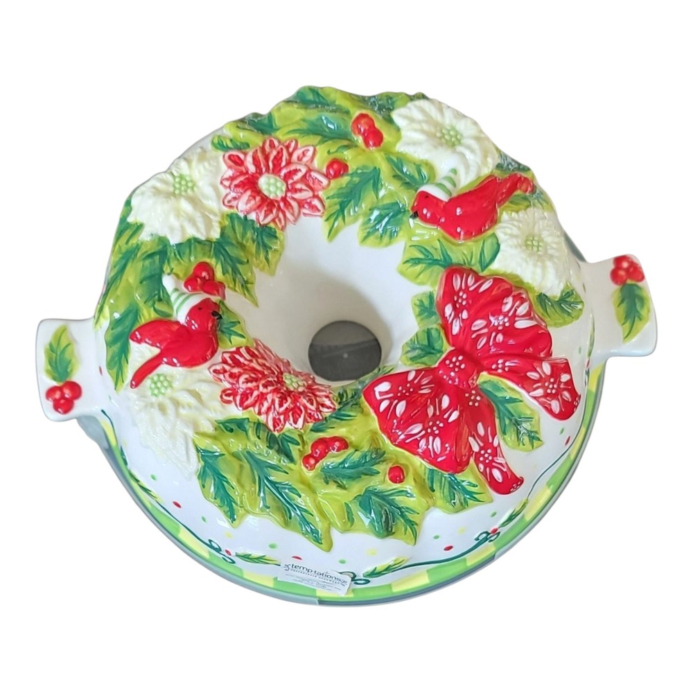 Temptations Presentable Ovenware Holiday Fluted Bundt Pan w Tray Ceramic Holiday